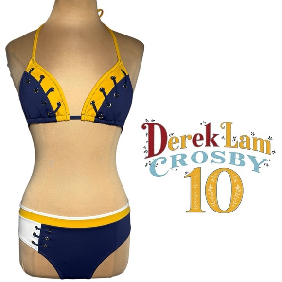 10 Crosby Derek Lam blue gold white retro color block bikini lace up Size M - Picture 1 of 7